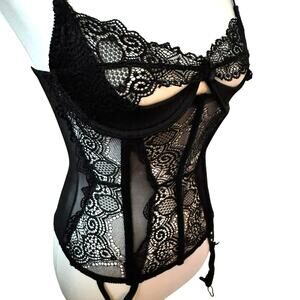 FREDERICKS OF HOLLYWOOD Small Black Lace Demi Cup Sheer Corset Top Garter‎ Clips